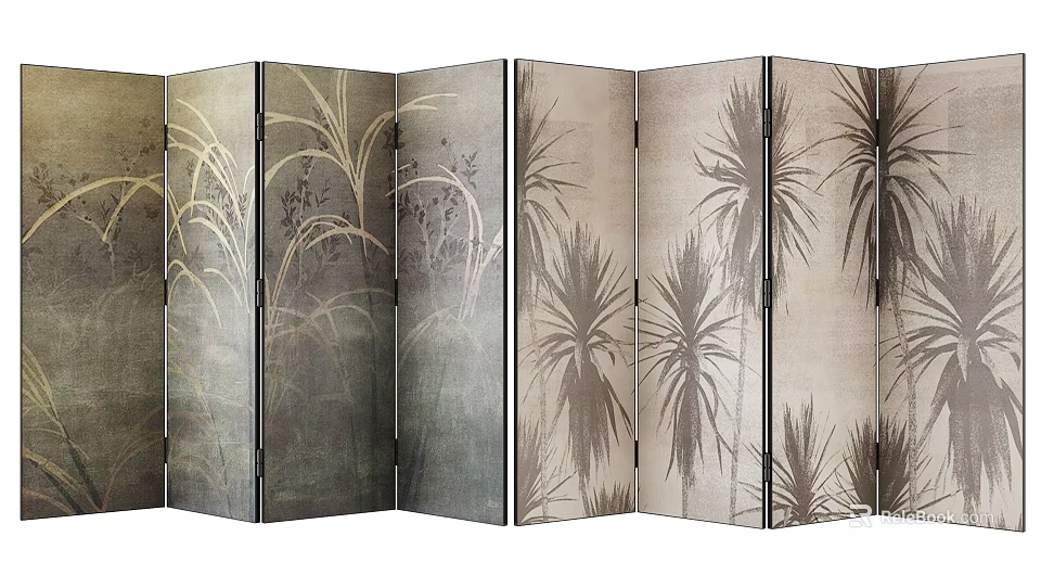 Artistic Multi Panel Folding Screen Featuring Grass And Palm Patterns 3d model