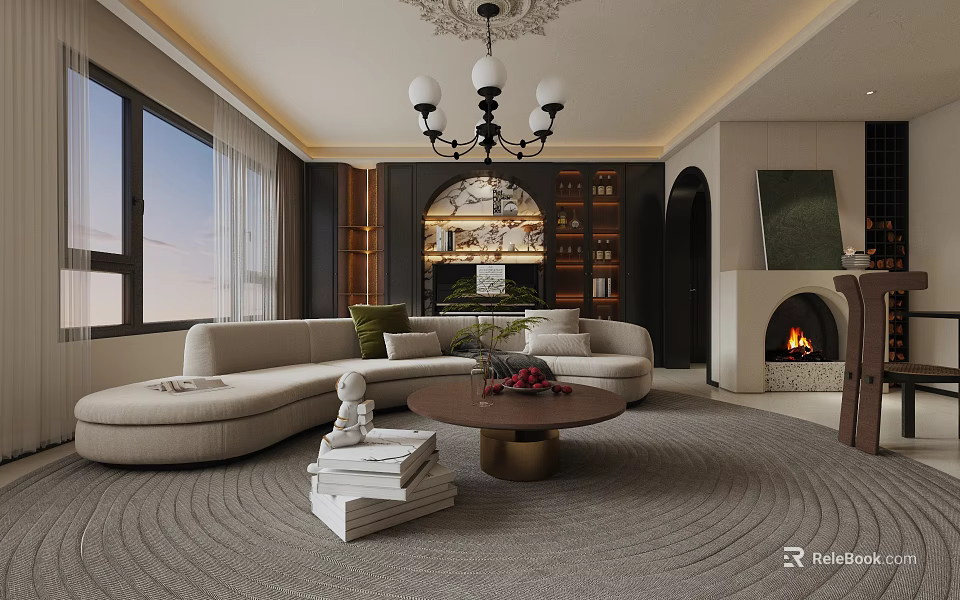 Elegant Modern Living and Dining Room With Curved Sofa Coffee Table Fireplace And Chandelier 3d model 