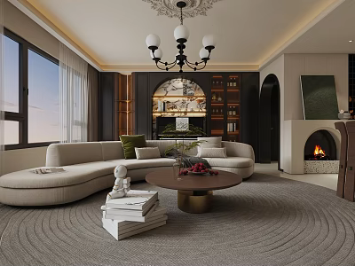 Elegant Modern Living and Dining Room With Curved Sofa Coffee Table Fireplace And Chandelier 3d model