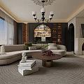 Elegant Modern Living and Dining Room With Curved Sofa Coffee Table Fireplace And Chandelier