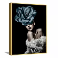 Portrait Paintings of Two Women With Blue and Pink Roses White Feathered Clothing Black Background
