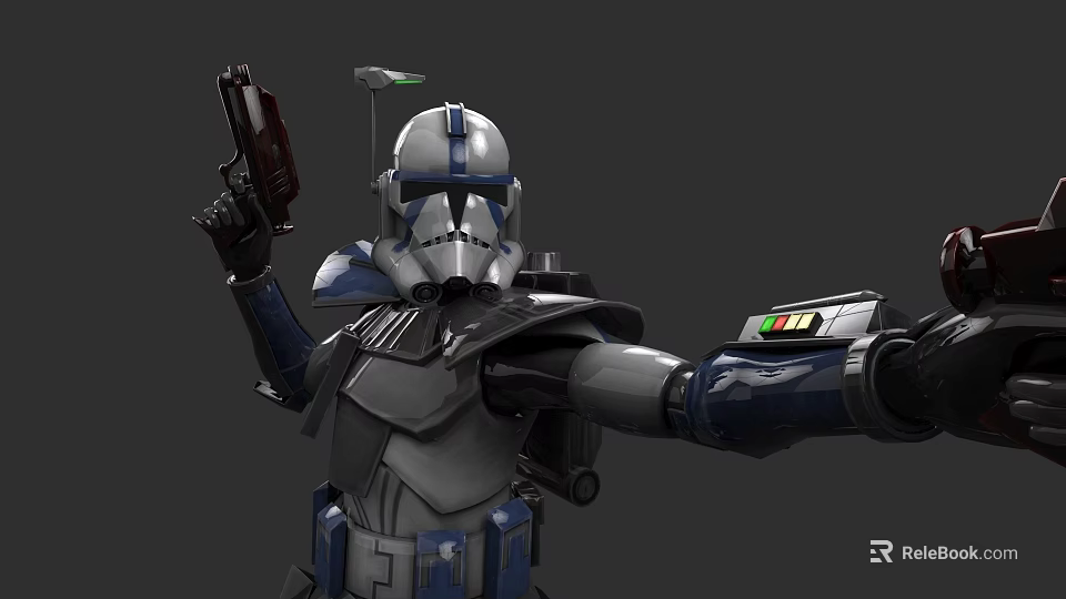 Clone Trooper Game Movie Character With Blue White Armor Blaster Pistol And Antenna Helmet 3d model 
