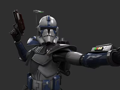 Clone Trooper Game Movie Character With Blue White Armor Blaster Pistol And Antenna Helmet 3d model