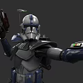Clone Trooper Game Movie Character With Blue White Armor Blaster Pistol And Antenna Helmet