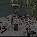 Abandoned Hospital Ward With Dilapidated Benches Bricks Debris On Floor And Vines Covering Walls