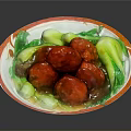 Delicious Braised Red Meatballs with Fresh Green Vegetables and Sauce on Ceramic Plate