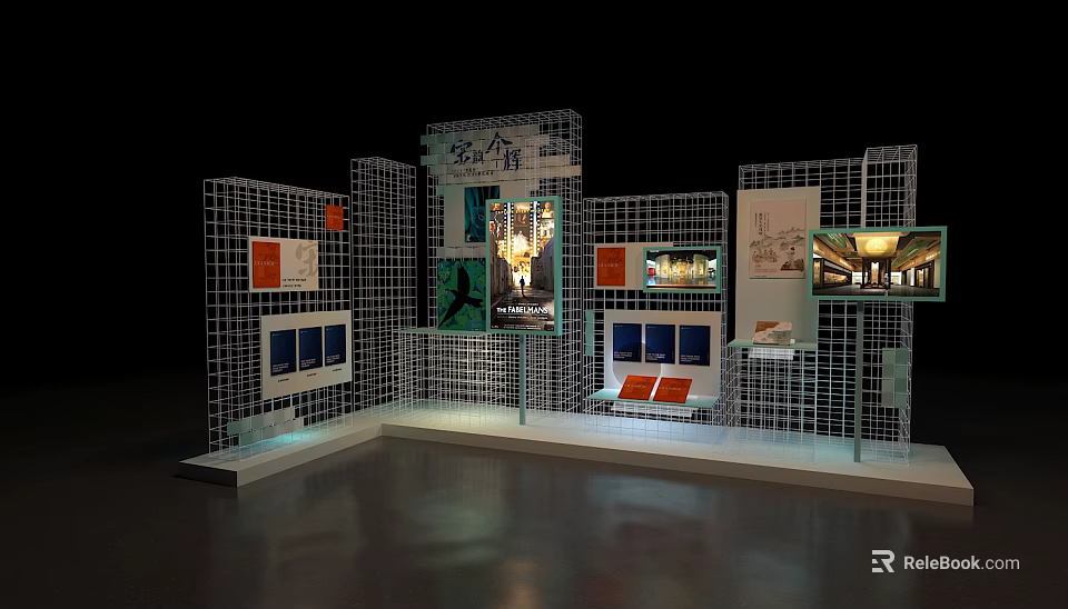 Modern Grid Patterned Exhibition Display Shelves With Displayed Images And Lighting 3d model
