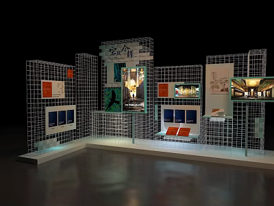 Modern Grid Patterned Exhibition Display Shelves With Displayed Images And Lighting 3d model