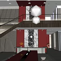 Hotel Lobby Interior With Large Windows Red Pillars Buffet Counters And Modern Seating