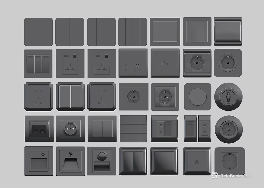 Various Types Of Electrical Switch Panels For Home Interior Wall Design 3d model 