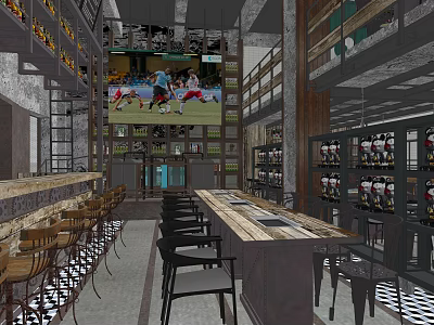 Industrial Style Restaurant Interior With Large Screen Bar Counter Wine Racks Tables And Chairs 3d model