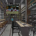 Industrial Style Restaurant Interior With Large Screen Bar Counter Wine Racks Tables And Chairs