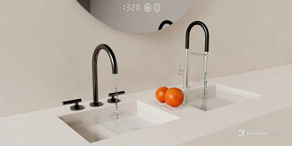Black Faucets With Running Water Over White Sink And Oranges On Light Countertop 3d model 