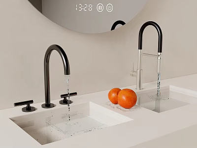 Black Faucets With Running Water Over White Sink And Oranges On Light Countertop 3d model