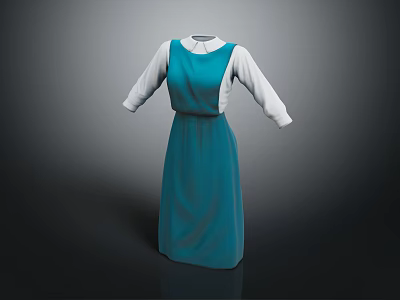 Turquoise Maxi Dress with White Long Sleeves Simple Style Waist Design 3d model