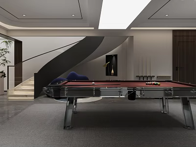 Modern Basement Interior With Pool Table Staircase Blue Sofa And Plant 3d model