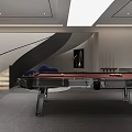 Modern Basement Interior With Pool Table Staircase Blue Sofa And Plant 3d model