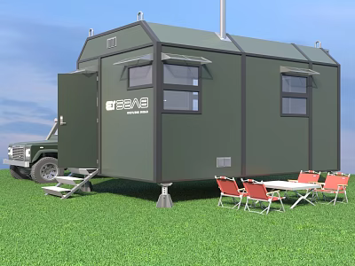 Green Mobile Camping Trailer With SUV Table Red Chairs On Grassland 3d model