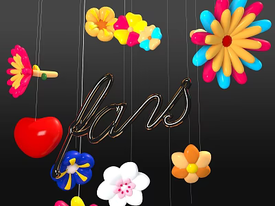 Colorful Hanging Household Decorative Items with Flower Ornaments Heart Shape and Metal Fans Lettering 3d model