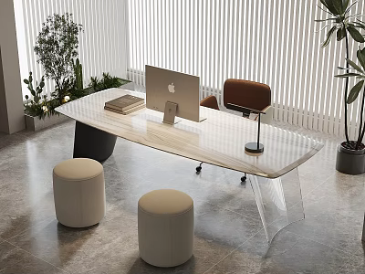 Modern Desk with Apple Computer Books Brown Chair Beige Stools Green Plants in Bright Room 3d model