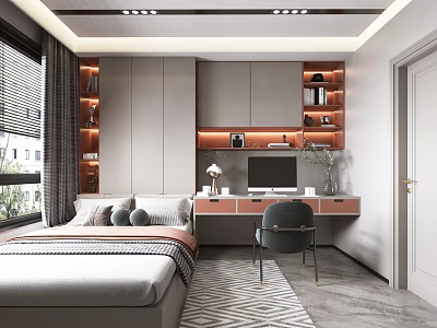Modern Tatami Bedroom Interior With Platform Bed Desk And Wall Bookshelves And Warm Ambient Lighting 3d model