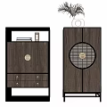 Modern Chinese Wooden Decorative Cabinets with Drawer Door Round Grid and Top Vase Plant Decorations
