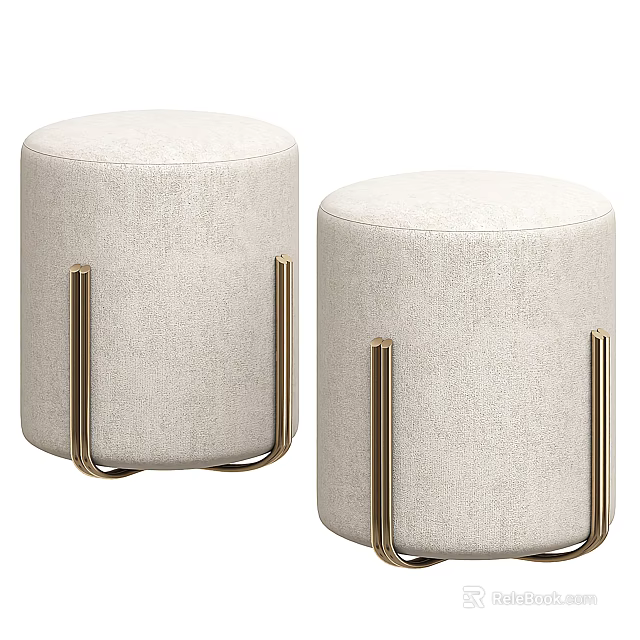 Modern Beige Upholstered Sofa Stools With Round Seats And Golden Metal Legs 3d model 
