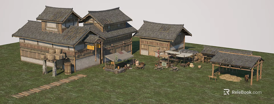 Group of Traditional Ancient Buildings With Sloped Gray Roofs Wooden Frames And Grassland Area 3d model 