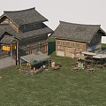 Group of Traditional Ancient Buildings With Sloped Gray Roofs Wooden Frames And Grassland Area