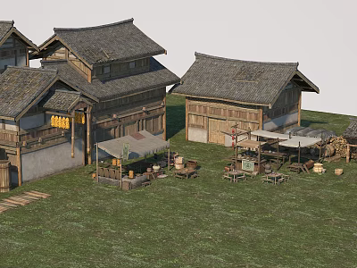 Group of Traditional Ancient Buildings With Sloped Gray Roofs Wooden Frames And Grassland Area 3d model