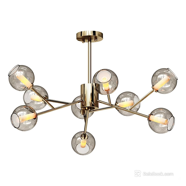 Modern Golden Metal Frame Chandelier with Transparent Glass Globes and Illuminated Bulbs 3d model 