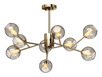 Modern Golden Metal Frame Chandelier with Transparent Glass Globes and Illuminated Bulbs 3d model