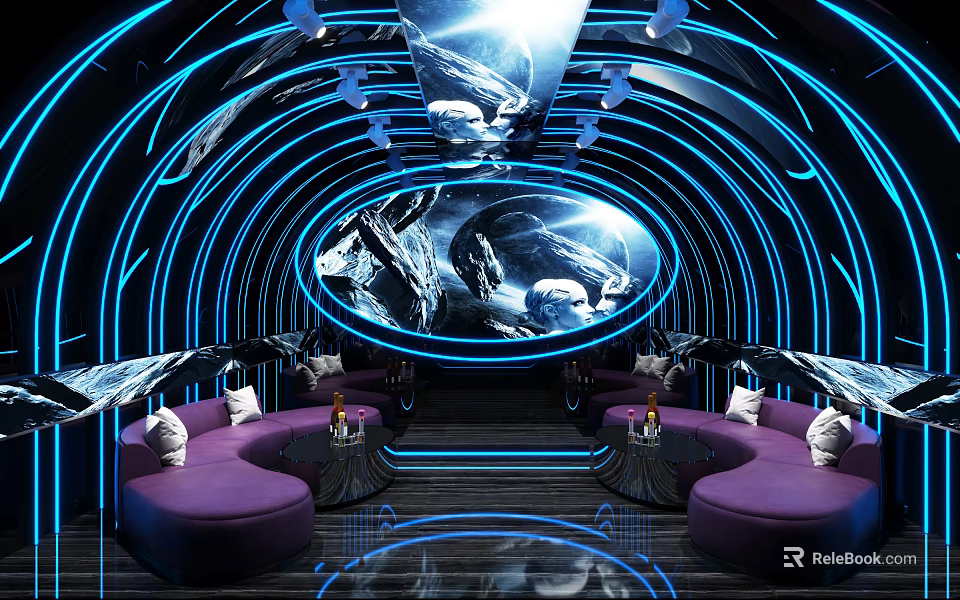Modern KTV Interior Design With Purple Sofas Blue Lighting Circular Decor And Large Screen 3d model