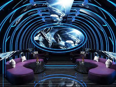 Modern KTV Interior Design With Purple Sofas Blue Lighting Circular Decor And Large Screen 3d model