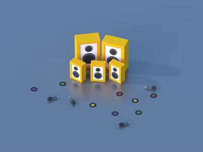Yellow Speakers Of Various Sizes With Colorful Knobs And Black Parts 3d model