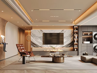 Modern Light Luxury Living Room Interior Design With Marble TV Wall And Warm Ambient Lighting 3d model