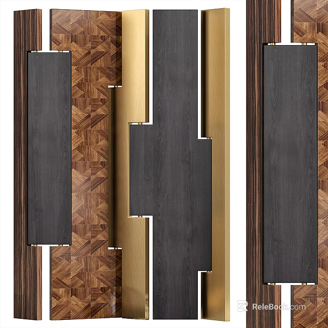Modern Wooden Room Divider With Dark Brown Panels And Light Gold Geometric Frame Design Interior 3d model 