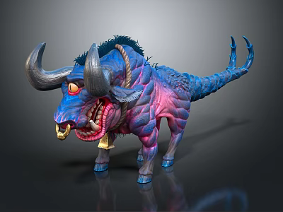 Fantasy Creature With Blue Pink Body Large Black Horns Red Eyes Sharp Fangs And Tail 3d model