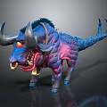 Fantasy Creature With Blue Pink Body Large Black Horns Red Eyes Sharp Fangs And Tail