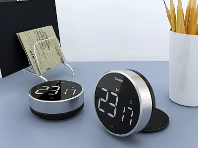 Digital Hygrometer Thermometer With Display Screen On Office Desk And Pencil Holder 3d model