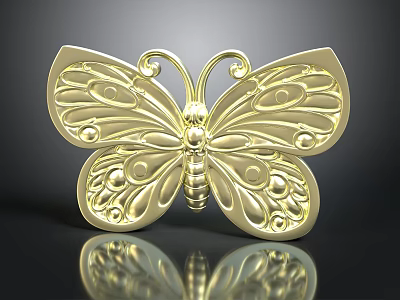 Golden Butterfly Ornament With Intricate Curved Lines And Circular Motifs 3d model