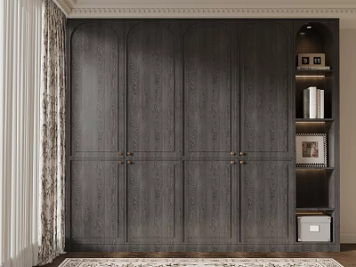 Elegant Dark Wooden Wardrobe With Multiple Doors Open Shelves And Decorative Items 3d model