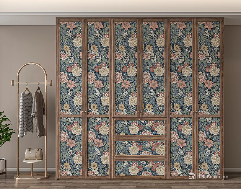 Elegant Floral Pattern Wooden Wardrobe With Blue Background And Pink White Flowers 3d model 