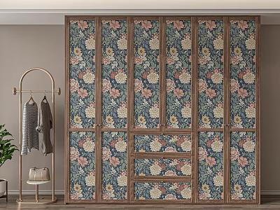 Elegant Floral Pattern Wooden Wardrobe With Blue Background And Pink White Flowers 3d model