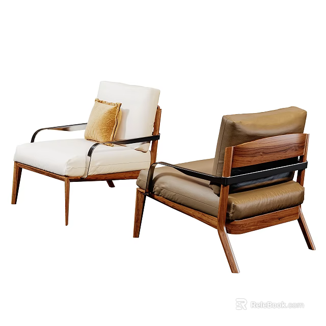Modern Single Sofa in White and Brown with Wooden Frame Black Armrests and Accent Cushion 3d model 