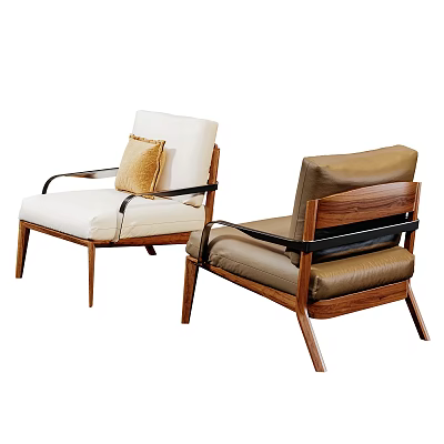 Modern Single Sofa in White and Brown with Wooden Frame Black Armrests and Accent Cushion 3d model