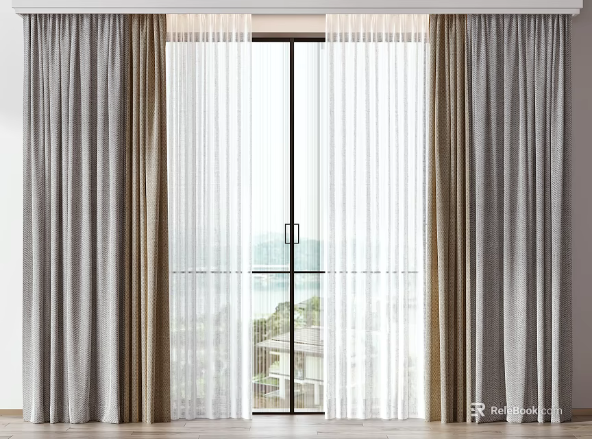 Modern Double Layer Curtain Design With Sheer Linen And Neutral Tones For Large Window 3d model 