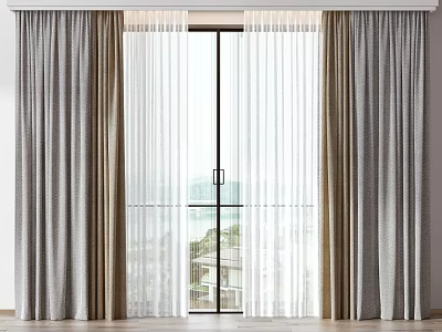 Modern Double Layer Curtain Design With Sheer Linen And Neutral Tones For Large Window 3d model