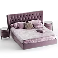 Double Bed With Purple Tufted Headboard Multiple Pillows Geometric Pattern Bedspread And Nightstand 3d model