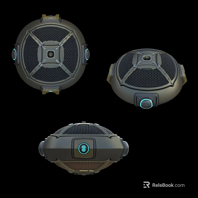 Smart Machine Three Different Views With Circular Mesh Surface Blue Indicator And Metallic Casing 3d model